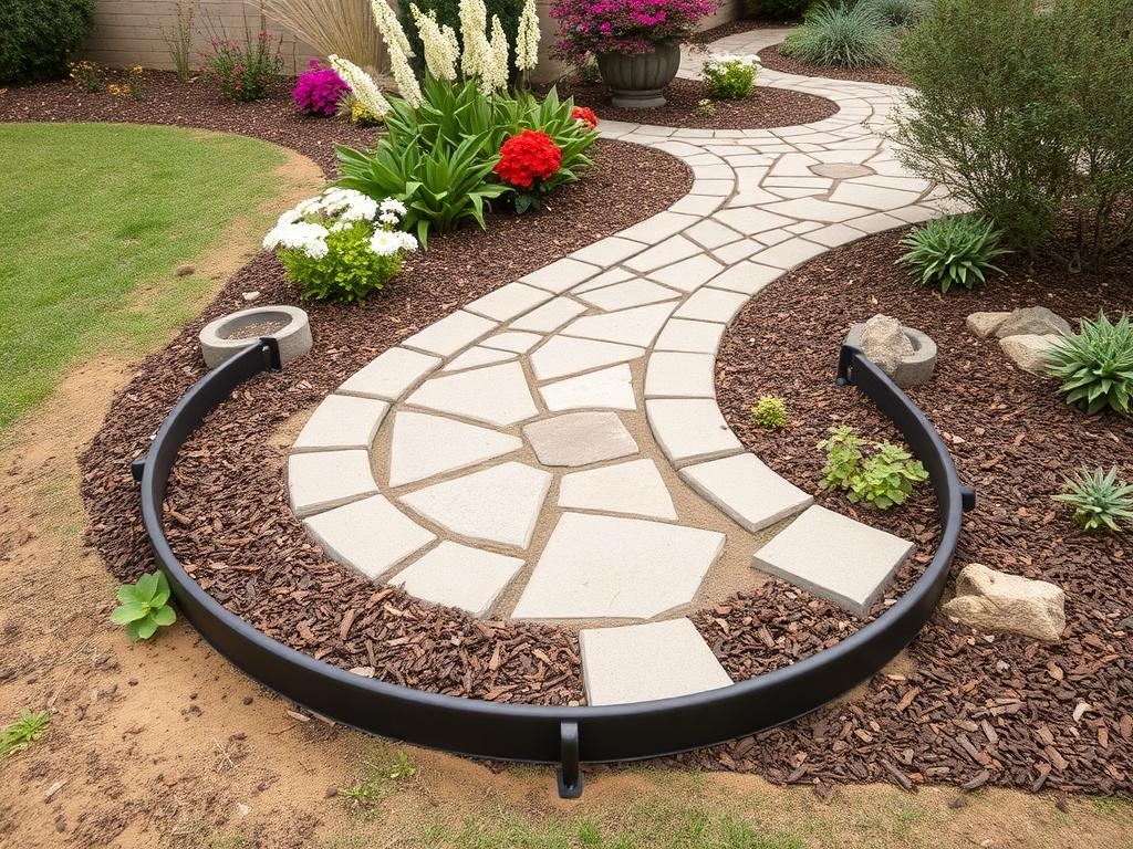 A dynamic shot of flexible steel edging curving around a