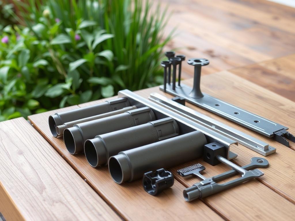 A realistic high-resolution image of various steel edging accessories laid out on a wooden surface. The accessories should include connectors, stakes, and installation tools, set against a backdrop of a green garden, showcasing their practicality and functionality in a gardening context.