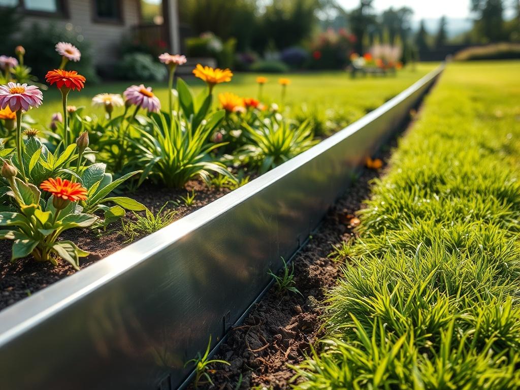 A close-up shot of a robust steel edging system installed in a garden. The steel is polished and reflects natural light, showcasing its durability. Surrounding the edging is lush greenery and colorful flowers, demonstrating how the edging complements the landscape. The background features a well-maintained lawn and a serene atmosphere, emphasizing the product's quality and elegance.