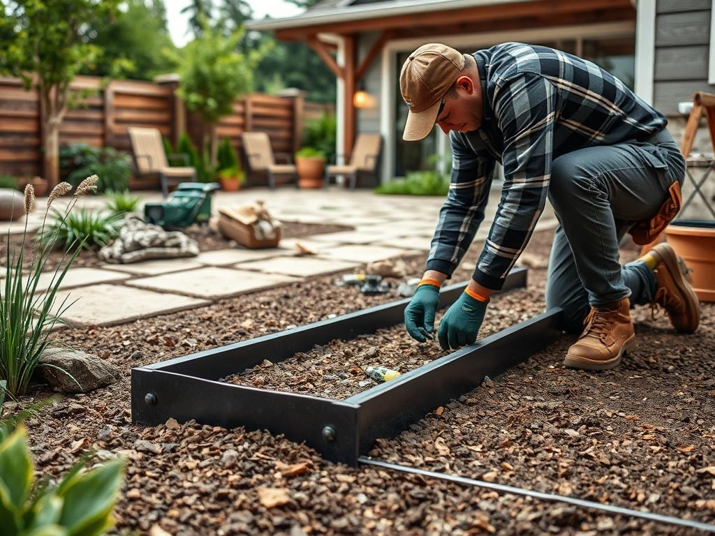 A realistic high-resolution photo capturing the process of installing steel edging in a backyard. The image should feature a professional installer working diligently, with tools and materials nearby. The background should display an inviting outdoor space with a mix of greenery and paved areas. The focus should be on the steel edging being placed, showcasing the practicality and ease of installation, while the surrounding environment adds warmth and approachability to the scene.