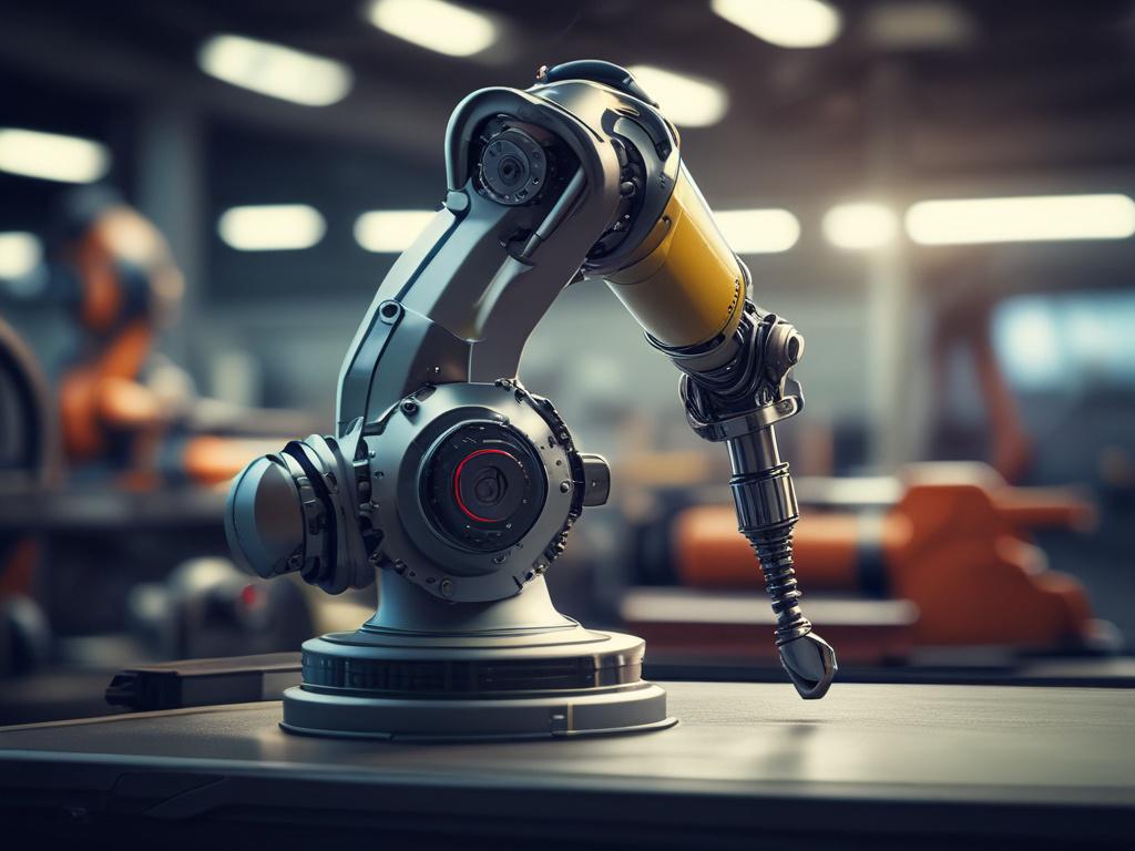A highly detailed close up shot of an industrial robot