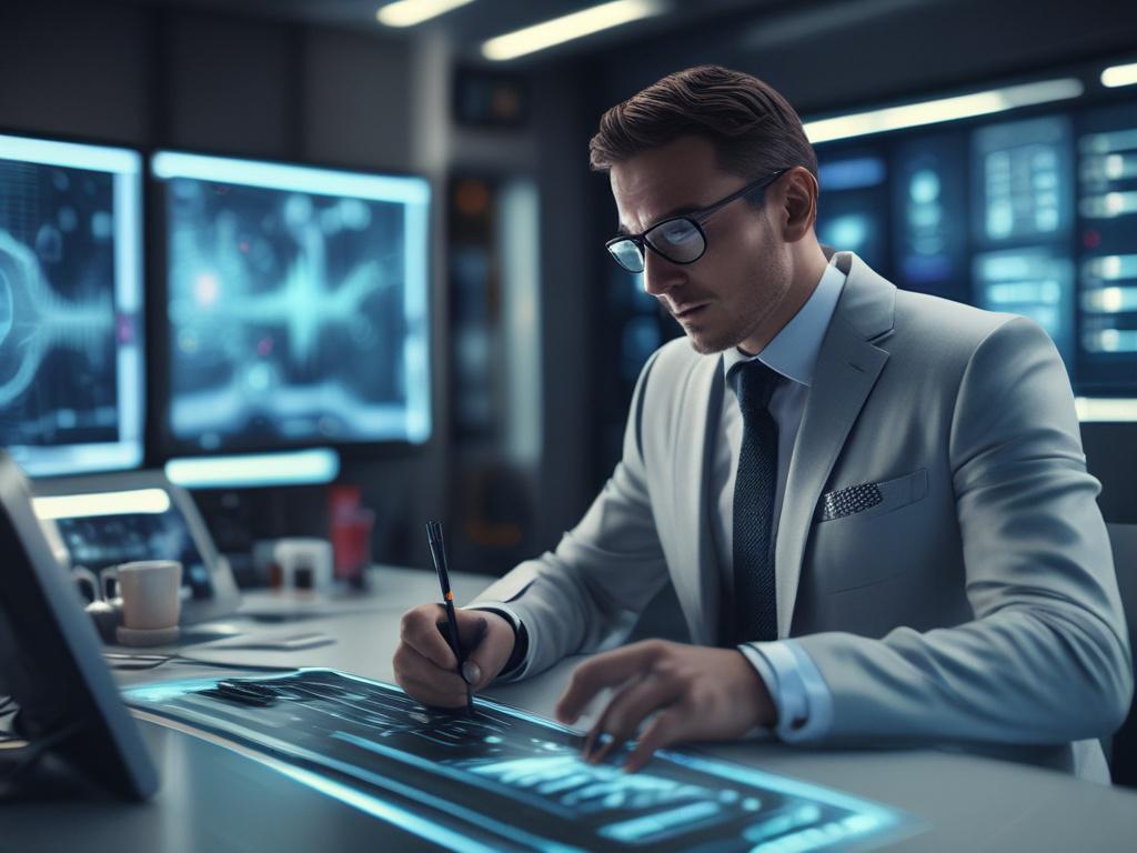 A hyper-realistic close-up image of a professional consultant engaging with a futuristic AI interface on a sleek digital screen. The scene is shot with a 45mm f/1.2 lens style, focusing sharply on the consultant’s focused expression and the glowing AI graphics. The background is softly blurred to emphasize the subject, with a color palette harmonizing with rgb(50, 170, 39) to reflect innovation and technology.