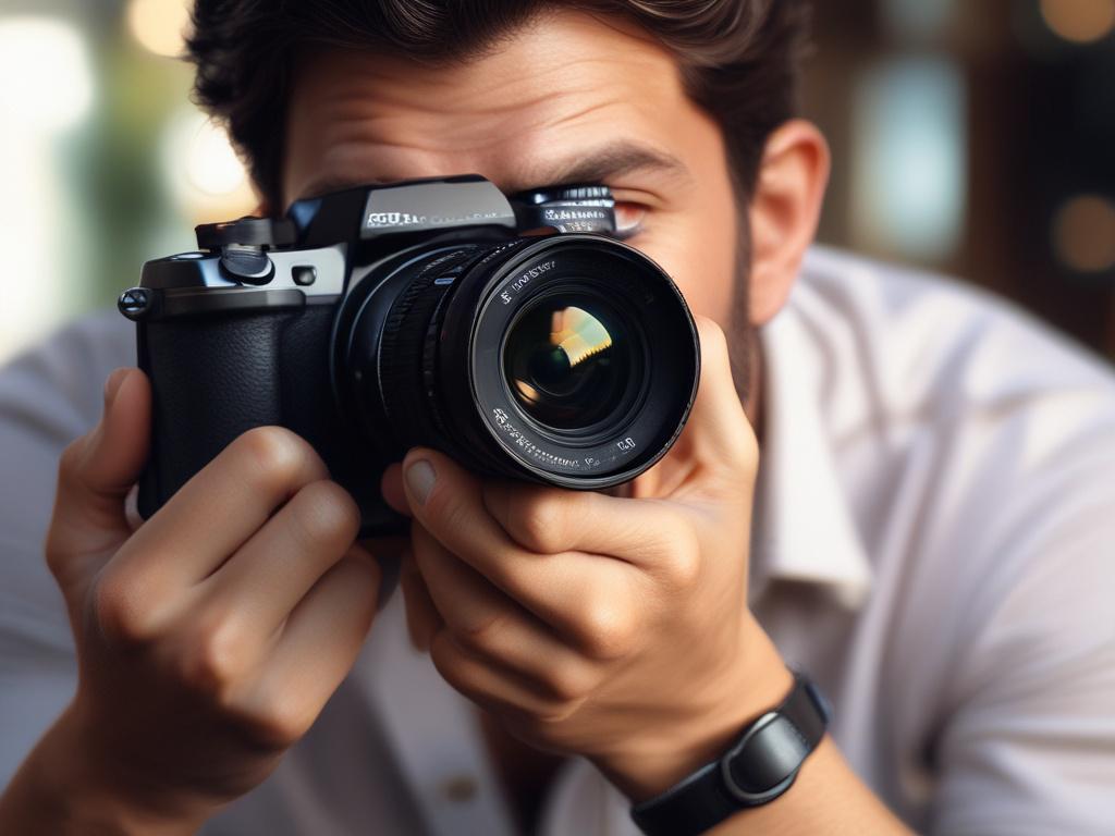 A close up shot of a professional photographer adjusting a