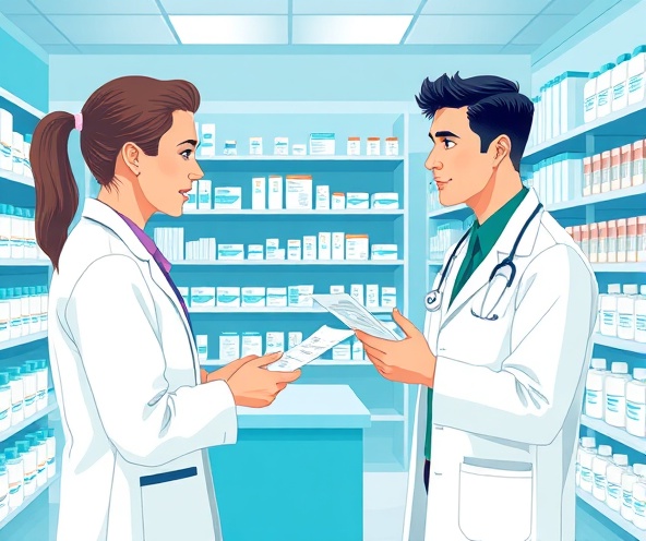 Cliente consultando com farmacêutico em uma farmácia moderna