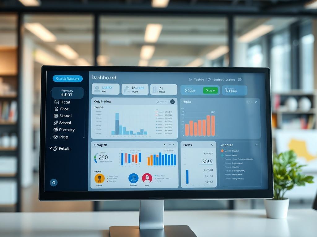 A hyper-realistic close-up shot of a computer screen displaying a user-friendly software dashboard for hotel, hospital, school, pharmacy, and supermarket management systems. The background should be a modern office environment, with soft lighting that highlights the technology on the screen. The composition should focus solely on the screen, capturing the sleek design and functionality of the software, with colors that align with the rgb(2, 86, 197) primary color.
