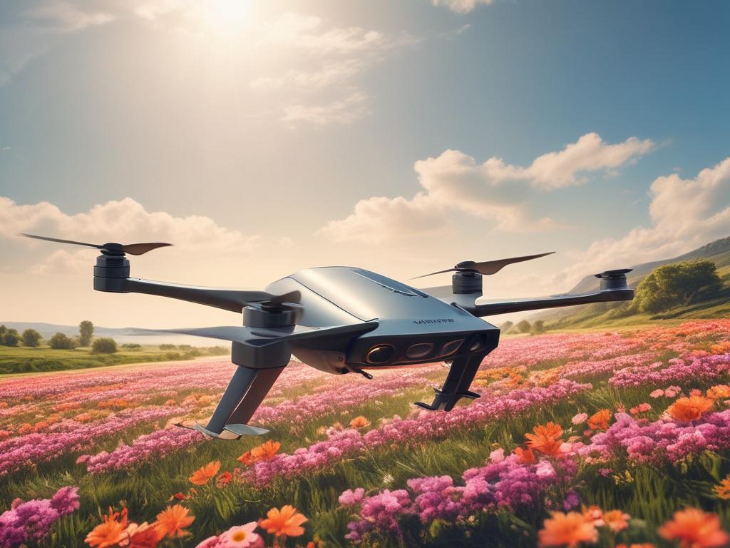A sleek PolliWand Drone in flight above a vibrant field