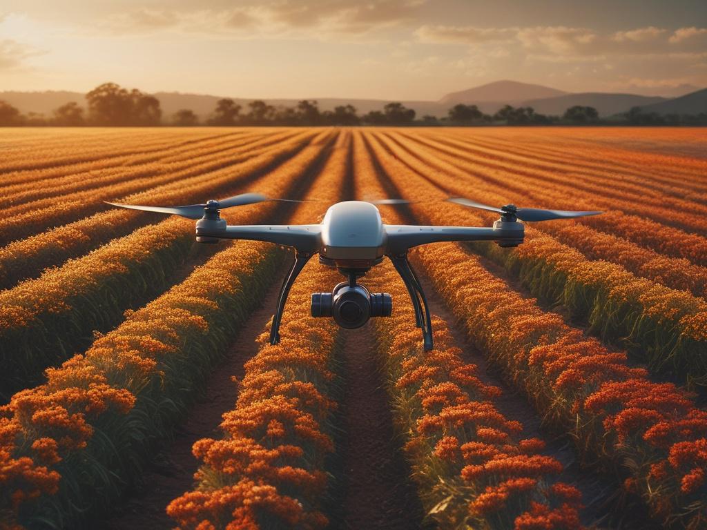 A Humidity Drone hovering above a flowering crop field, gently