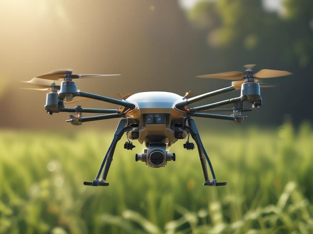 A Bug Hunter Drone hovering above a flourishing crop field,