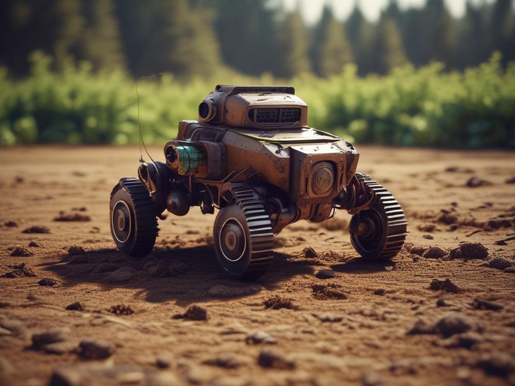 A SoilCrawl Bot working diligently in a sunlit field, surrounded