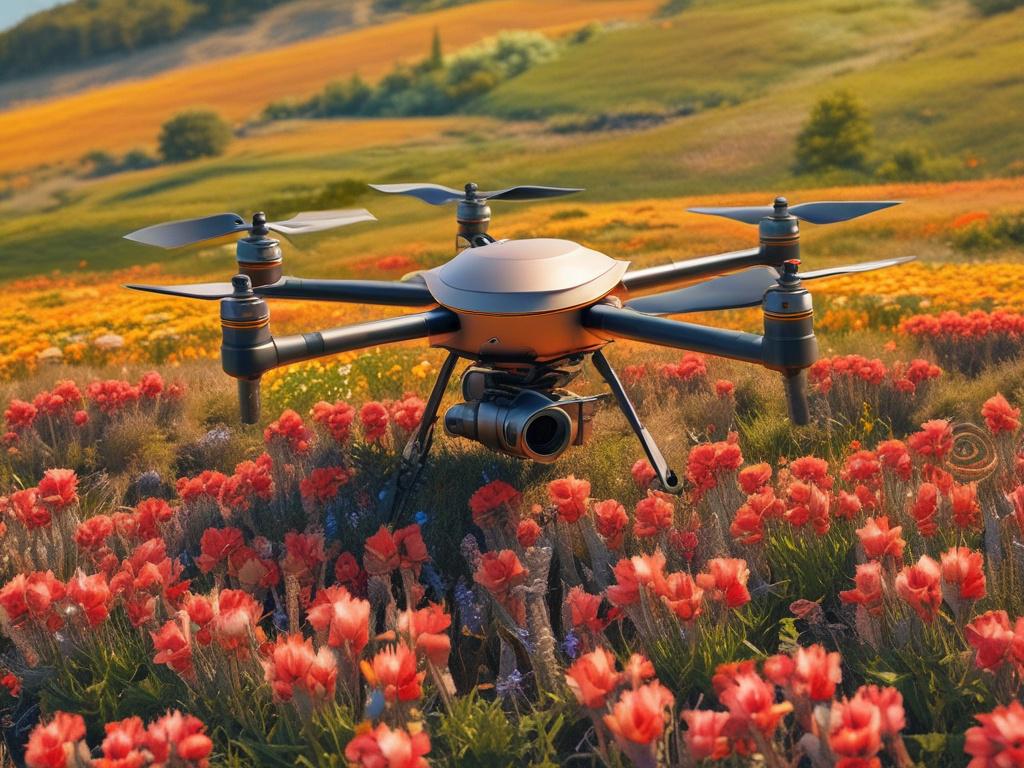 A PolliWand Drone™ hovering above a vibrant field of blooming