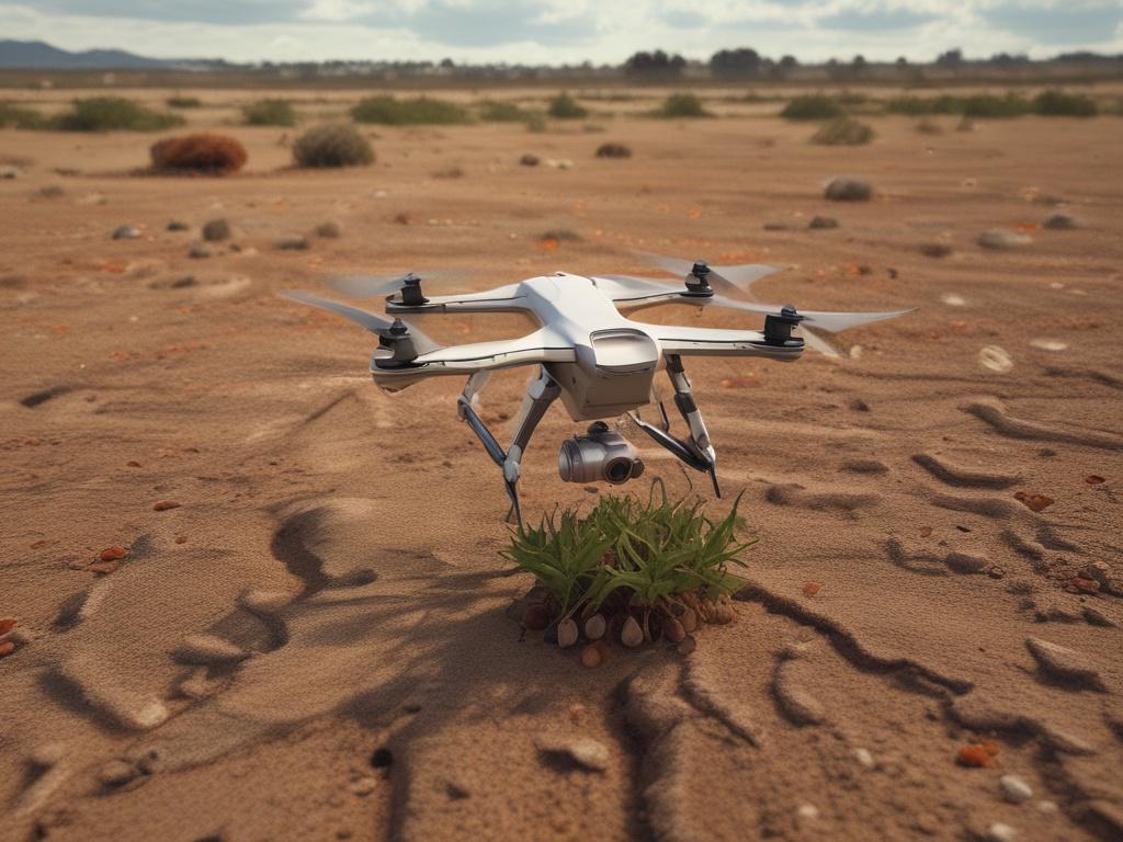 A SeedFloater UAV™ dispersing native seeds over a barren landscape,