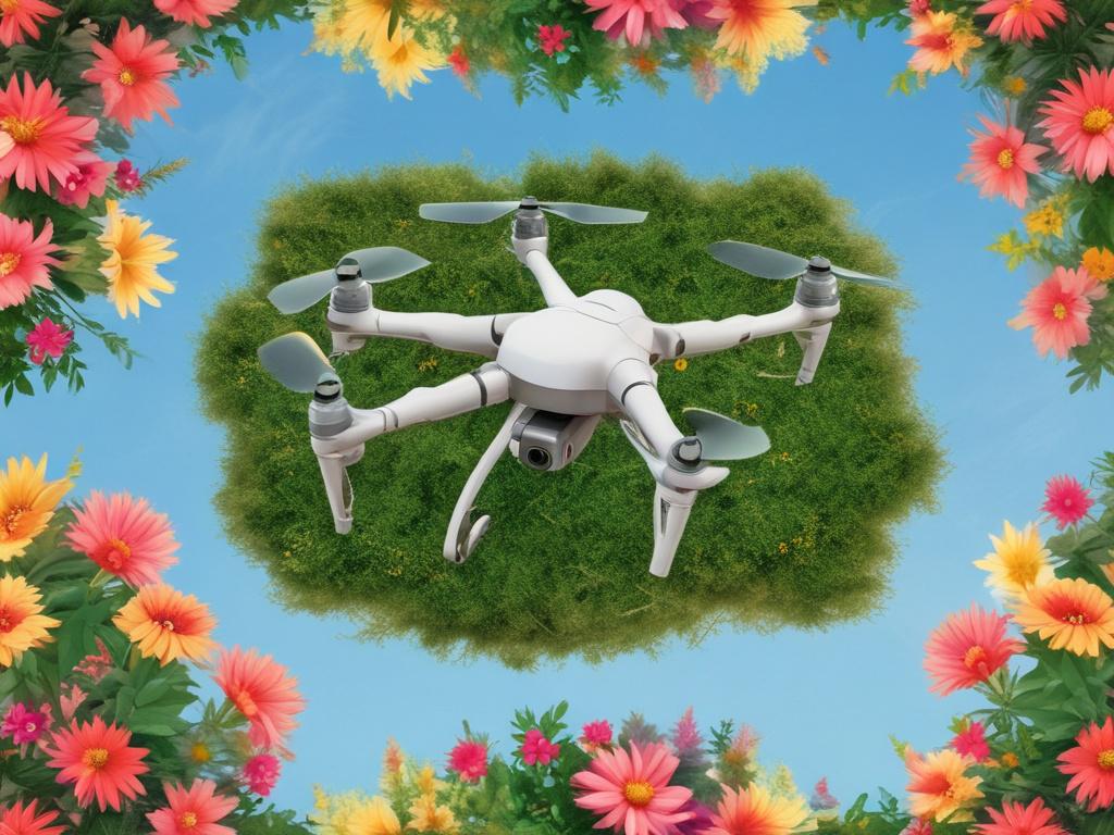 A PolliWand Drone™ hovering above a vibrant field of blooming