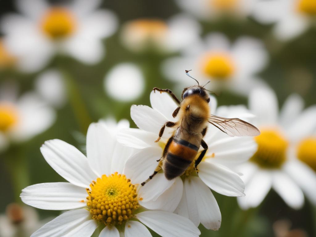 Create a realistic high-resolution image that embodies the title "The Importance of Pollination in Ecosystems." Focus on a single, vibrant honeybee in mid-flight, perfectly captured as it approaches a blooming flower in full color. The bee's delicate wings should glisten in soft sunlight, highlighting the intricate details of its body and the pollen it carries.

Compose the image with a shallow depth of field to keep the bee as the central subject, ensuring it stands out against a softly blurred background 