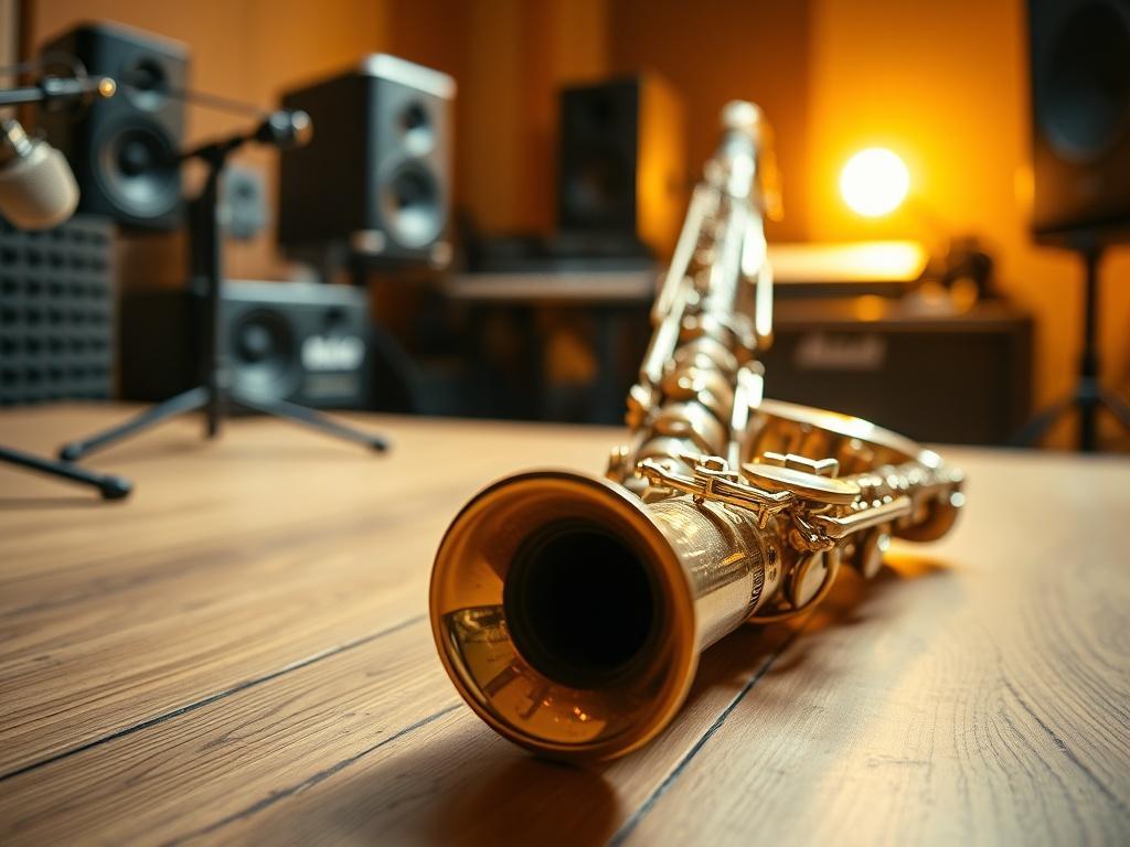 A close-up shot of a saxophone lying on a wooden recording studio table, with soft golden lighting illuminating the instrument. The background features blurred studio equipment, creating a warm and inviting atmosphere. The focus is on the saxophone, showcasing its intricate details and textures.