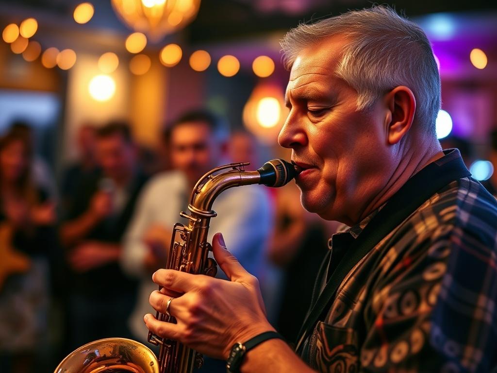 A realistic high-resolution photo of a saxophonist performing at a private event, capturing the energy and excitement of the moment. The saxophonist should be the focal point, with a lively audience in the blurred background, and warm ambient lighting to enhance the festive atmosphere. The composition should be simple and clear, focusing on the saxophonist's expressions and the instrument's details.