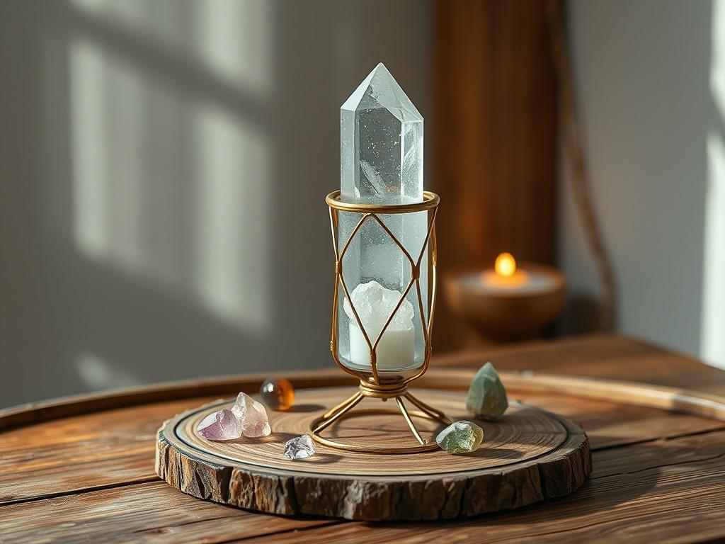 A high-resolution image of an elegant crystal holder, showcasing its unique design and craftsmanship. The holder should be placed on a wooden altar with a few colorful crystals arranged around it. The background should be softly lit to create a serene and inviting atmosphere.