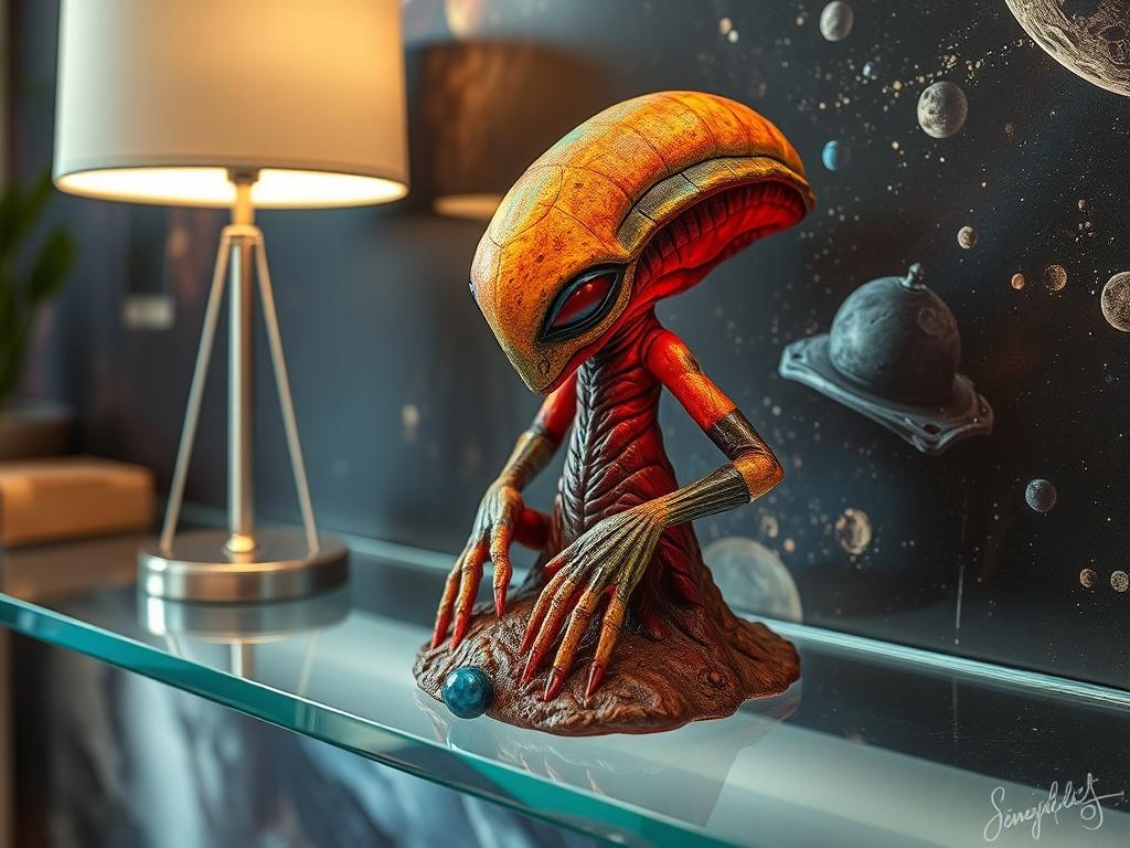 A high-resolution image of an alien guide sculpture, featuring vibrant colors and intricate textures. The sculpture should be displayed on a sleek glass shelf with a soft glow from a nearby lamp. The background should have a space-themed mural, enhancing the otherworldly feel of the piece.