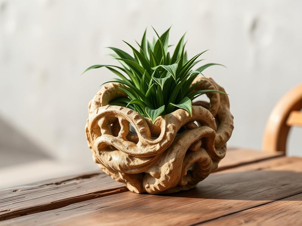 A realistic high-resolution image of a sculptural plant pot, showcasing intricate designs and textures. The pot should be placed on a rustic wooden table with a few green plants inside. The background should be softly blurred to emphasize the pot's details, with natural lighting casting gentle shadows.