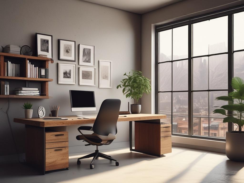 A realistic high-resolution photo of a modern office workspace featuring a single computer with an AI interface on the screen. The desk should have minimalist design elements, with natural light streaming in through a large window. The background should include earthy textures such as wooden elements and potted plants, creating a grounded and rustic aesthetic. The overall color palette should reflect natural tones, compatible with rgb(162, 175, 127).