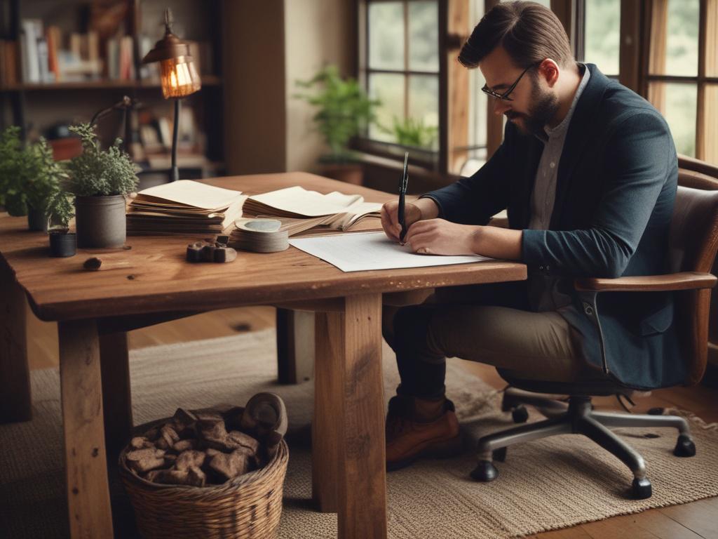 A professional consultant sitting at a rustic wooden desk, reviewing