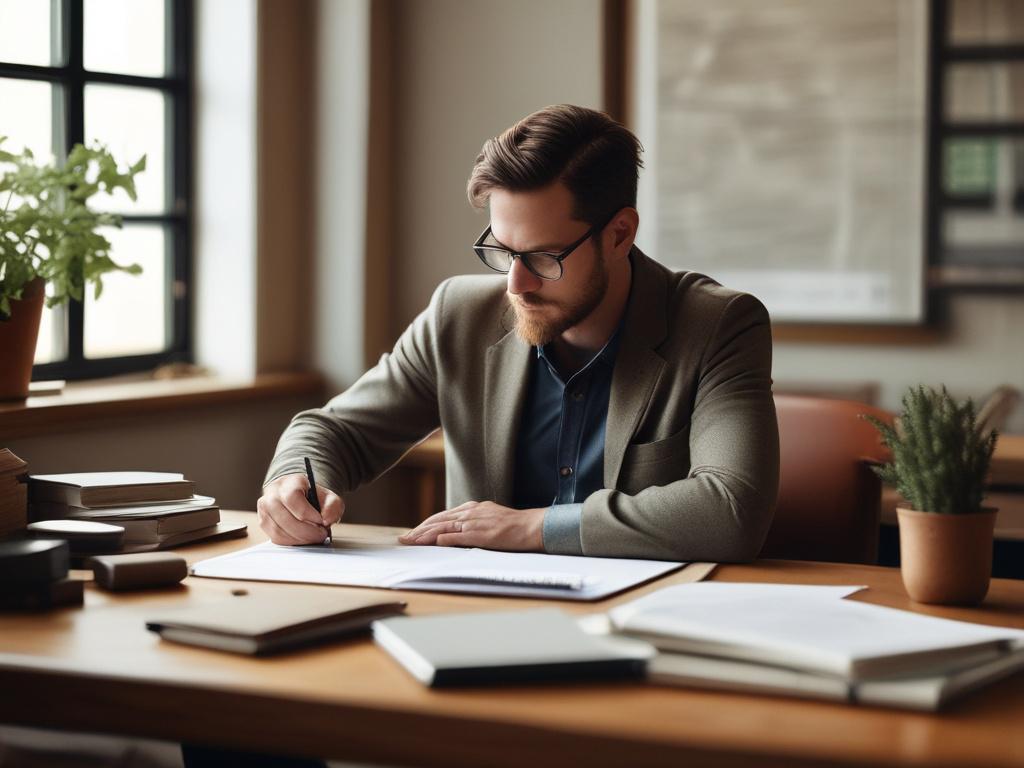 A professional consultant sitting at a wooden desk, reviewing trademark