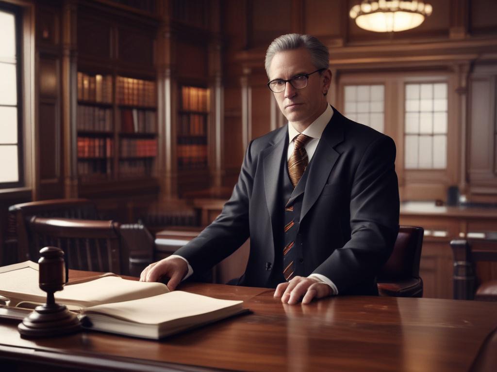 A determined lawyer standing in a courtroom, confidently presenting a