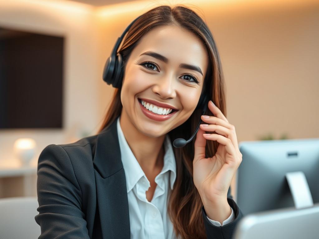 A friendly customer service representative wearing a headset, smiling while
