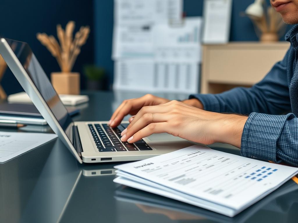 A close up of a person working on a laptop,