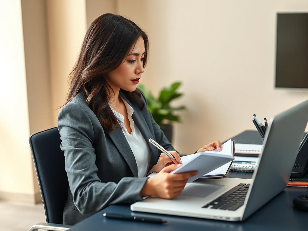A professional woman sitting at a desk with a laptop