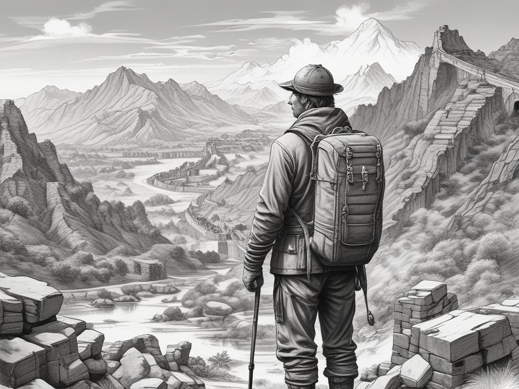 A high-quality black and white pencil sketch of a single adventurer standing at the base of the Great Wall of China. The adventurer is equipped with camping gear including a tent and a campfire setup beside them. The composition is simple and clear, focusing on the grandeur of the wall stretching into the distance behind the figure. The background is minimalistic, emphasizing the ancient stone structure and the serene camping scene. The illustration is finely detailed, compatible with the rgb(193, 153, 87) 