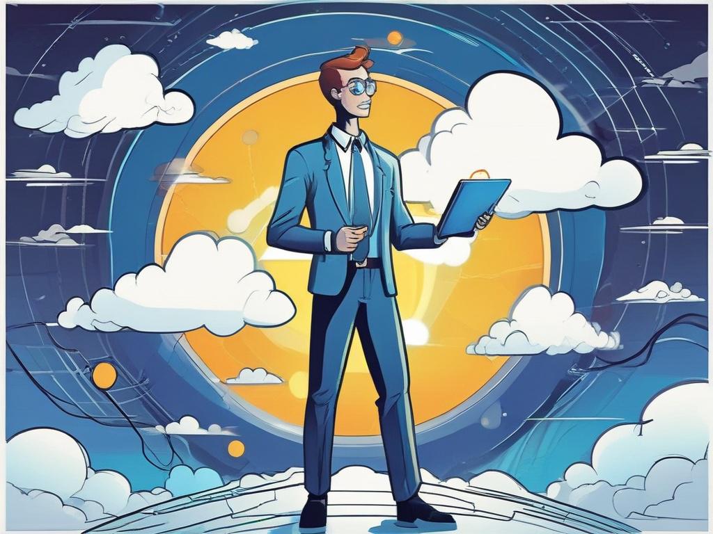 A dynamic comic-style illustration of a confident professional standing on a cloud, holding a glowing, futuristic tablet displaying cloud network diagrams. The background features stylized, vivid blue and gold cloud formations, with bold, energetic lines and a bright sky. The primary color rgb(193, 153, 87) is integrated into the tablet's glow and cloud highlights.