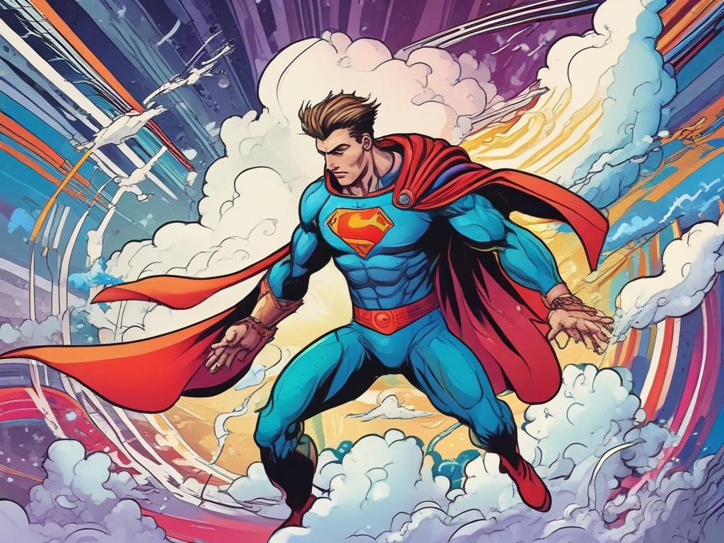 An energetic comic-style illustration of a determined individual in a superhero pose, surrounded by swirling clouds and digital symbols representing cloud technology. The background features vivid, dynamic streaks of color with the primary color rgb(193, 153, 87) prominently highlighting the subject's cape and cloud motifs.