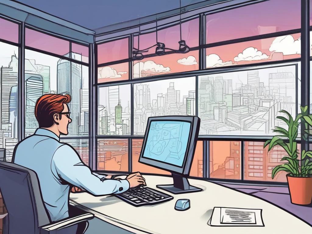 A vivid comic-style illustration of a focused consultant pointing to a large digital screen showing cloud architecture diagrams and strategic plans. The scene is set in a sleek, modern office with dynamic lighting and bold lines. The primary color rgb(193, 153, 87) accentuates key elements on the screen and consultant's attire.