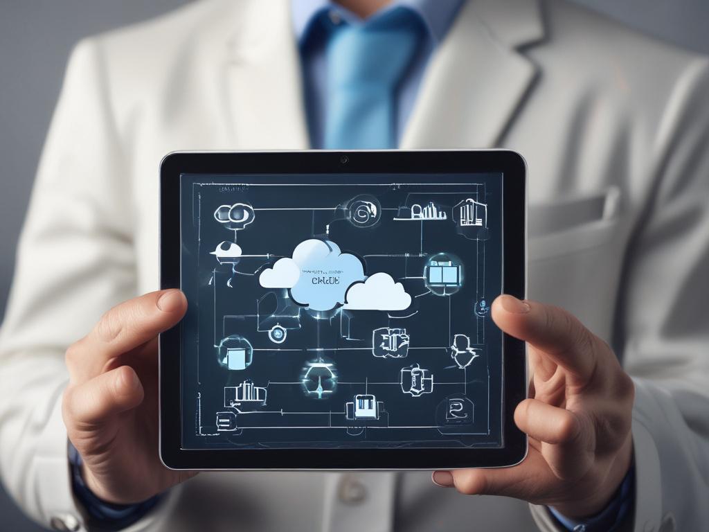 A hyper-realistic close-up shot of a focused professional holding a tablet displaying cloud computing diagrams, shot with a 45mm f/1.2 lens style. The background is softly blurred with warm tones compatible with rgb(193, 153, 87). The image conveys expertise and clarity in cloud technology training and consulting.