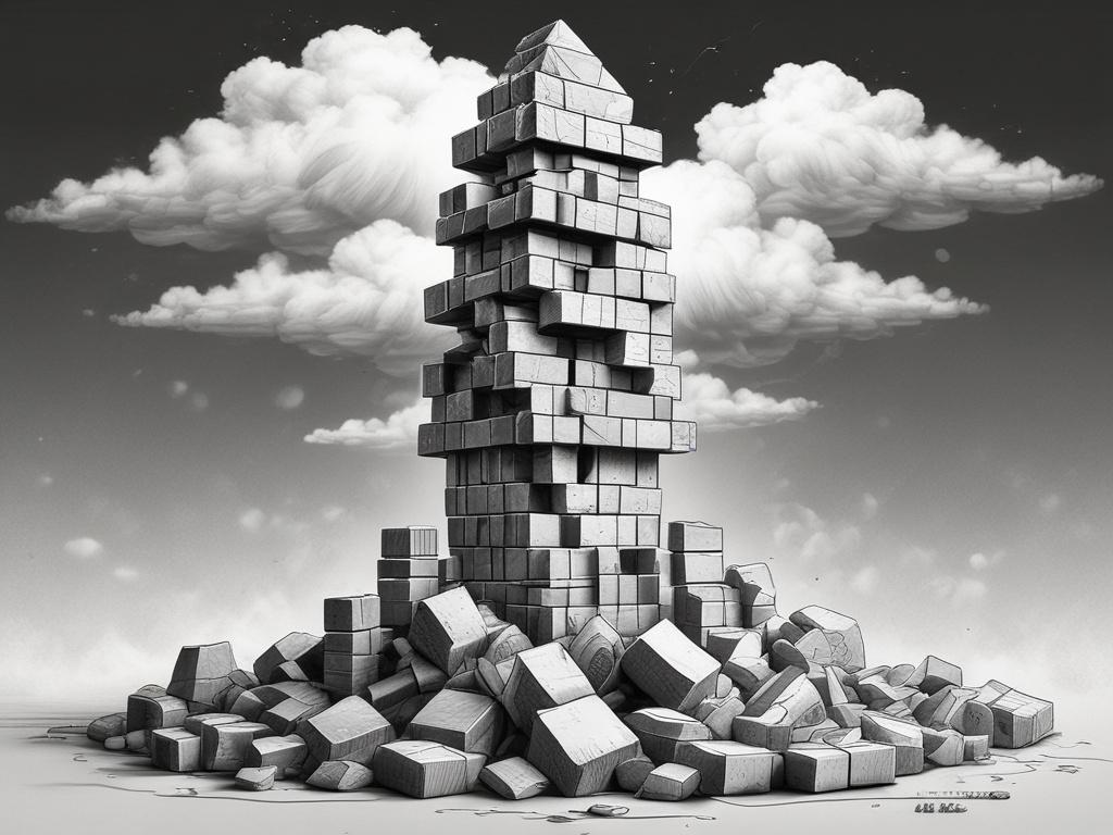 A single, finely detailed black and white pencil sketch of a Jenga tower being carefully built with cloud-shaped blocks. The composition is simple and clear, focusing solely on the tower with a subtle gradient background. The image uses delicate shading to highlight the texture of the wooden blocks and the softness of the clouds, harmonizing with a warm rgb(193, 153, 87) tone.