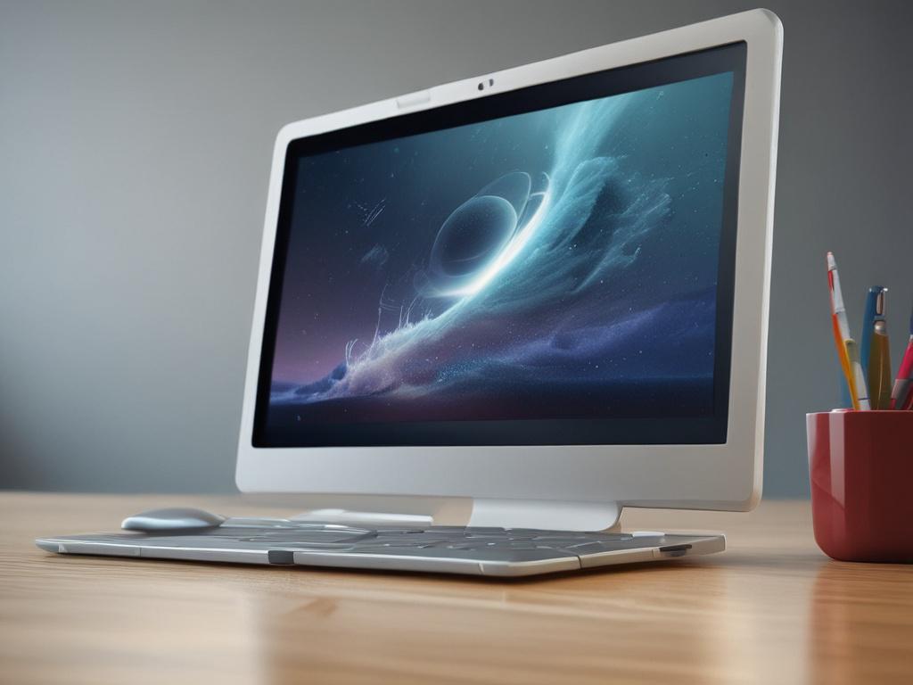 Create a realistic high-resolution close-up photo of a single, sleek, modern laptop screen displaying an intelligent, futuristic web browser interface that subtly blends elements representing Perplexity’s Comet and ChatGPT’s Agent Mode. The laptop is positioned centrally on an uncluttered wooden desk with a warm rgb(193, 153, 87) ambient glow softly illuminating the scene. The screen shows a calm, polished user interface with soft blue and gold highlights, suggesting advanced browsing features like real-tim