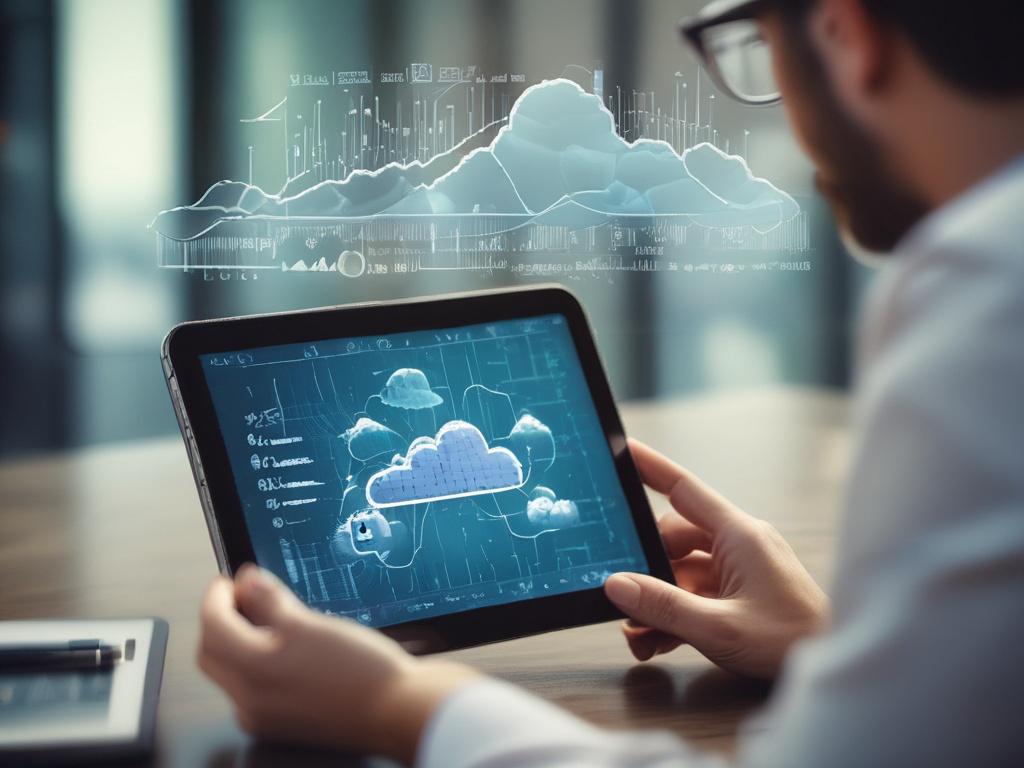 A close-up photograph of a consultant engaging with a client over a digital tablet displaying cloud migration data, shot with a 45mm f/1.2 lens style. The background shows a modern office space with subtle hints of the rgb(193, 153, 87) color, creating a professional and inviting atmosphere.