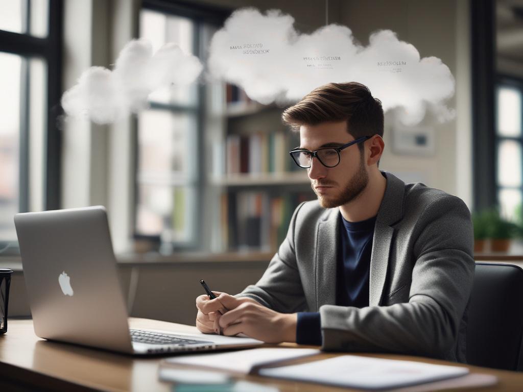 A close-up image of a determined professional studying cloud certification materials on a laptop, with notes and coffee nearby, captured using a 45mm f/1.2 lens style. The setting includes warm tones that integrate the rgb(193, 153, 87) primary color, creating an inviting and focused environment.