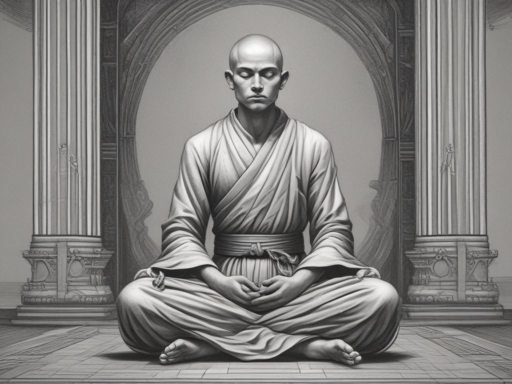 A highly detailed black and white pencil sketch of a young monk meditating peacefully. The composition is simple and clear, focusing solely on the monk sitting cross-legged with a serene expression. The background is minimalistic with subtle shading to enhance the calm atmosphere. The artwork should harmonize with the primary color rgb(193, 153, 87) for accentuation but remain predominantly monochrome.