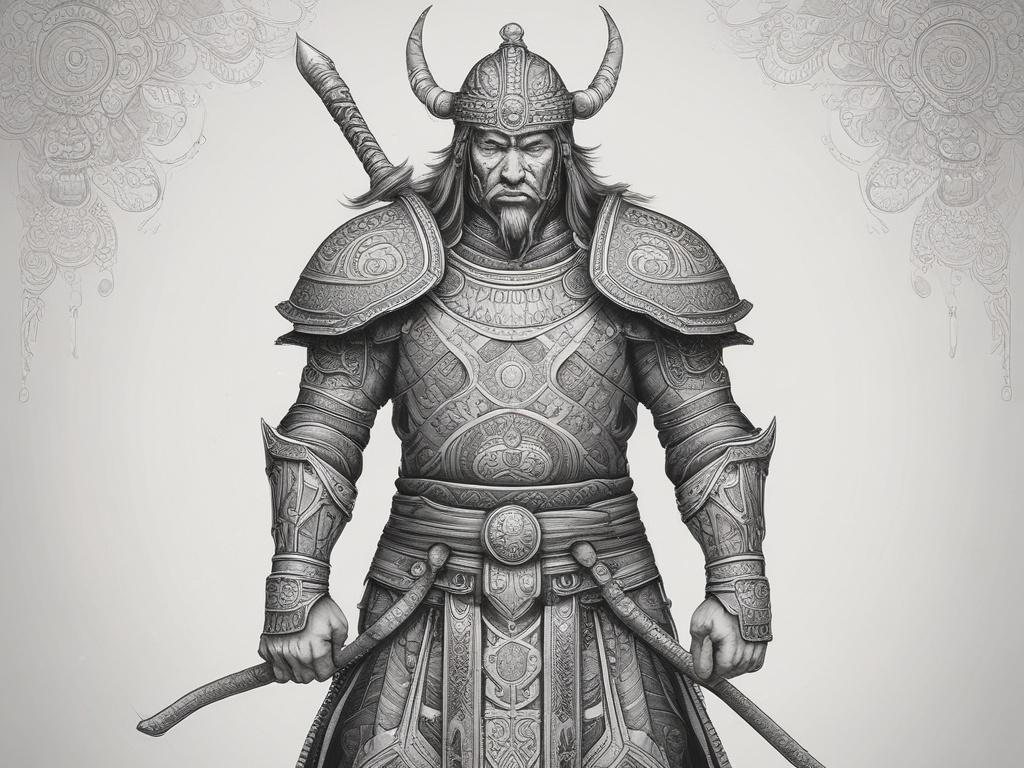 A high-quality black and white pencil sketch of a warrior inspired by Chinese and Genghis Khan elements. The warrior is depicted standing confidently, wearing traditional armor with intricate details reflecting both Chinese and Mongolian influences. The background is simple and minimalistic to keep focus on the single subject. The illustration is finely detailed, capturing the strength and skill of the warrior. The image is compatible with the rgb(193, 153, 87) primary color theme.