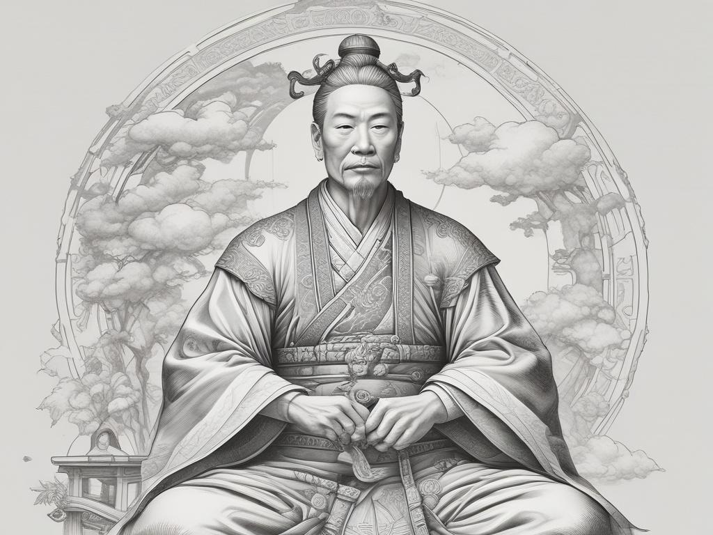 A highly detailed black and white pencil sketch illustration of Master Miyahi San, a wise Chinese cloud skills trainer. The composition centers on Master Miyahi San in traditional Chinese attire, seated calmly with a serene expression, holding a scroll symbolizing knowledge. The background is simple and uncluttered, with subtle elements of clouds and ancient Chinese motifs delicately sketched to enhance the theme of cloud skills training. The illustration is finely detailed to reflect mastery and wisdom, co