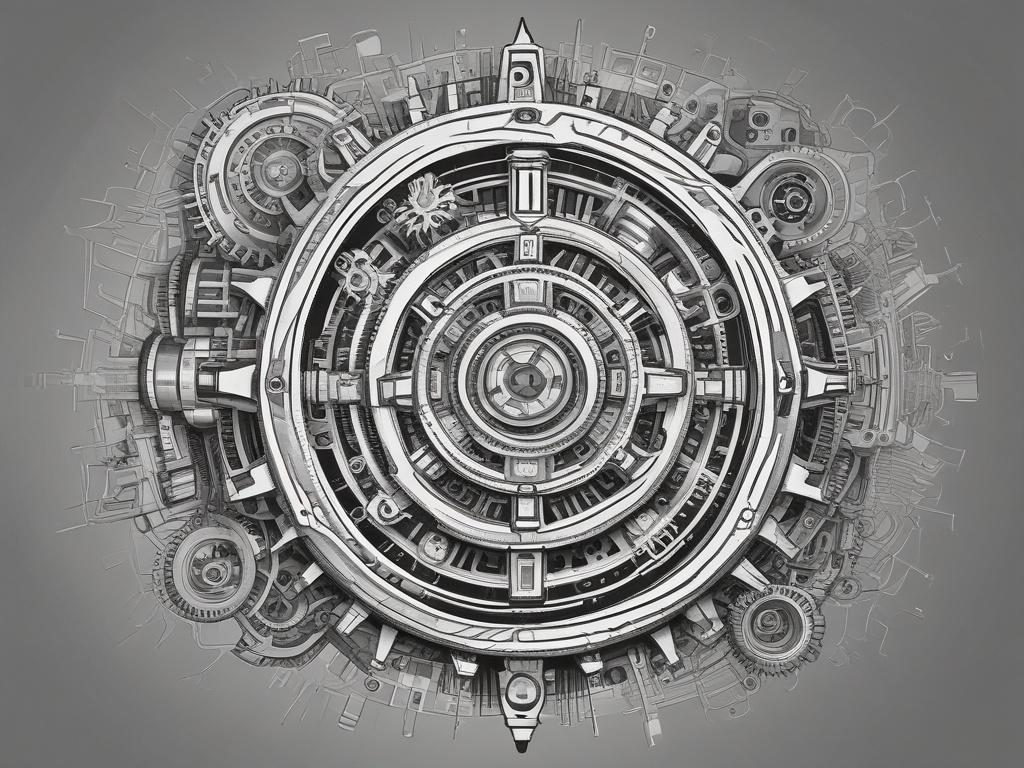 A highly detailed black and white pencil sketch illustration of a single large machine learning cogwheel intricately designed with fine details. The cog is positioned prominently in the center of the composition, symbolizing advanced technology and cloud skills. Behind the cog, there is a textured stone wall inspired by traditional Chinese architecture, with distinctive stone patterns and subtle aged effects. The background remains simple and clear to emphasize the cog and stone wall, using shading techniqu