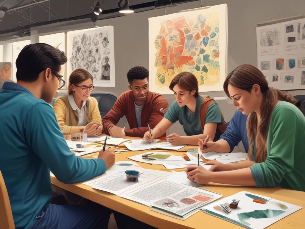 An engaging workshop environment where a diverse group of participants is actively involved in discussions and hands-on activities, surrounded by colorful educational posters.