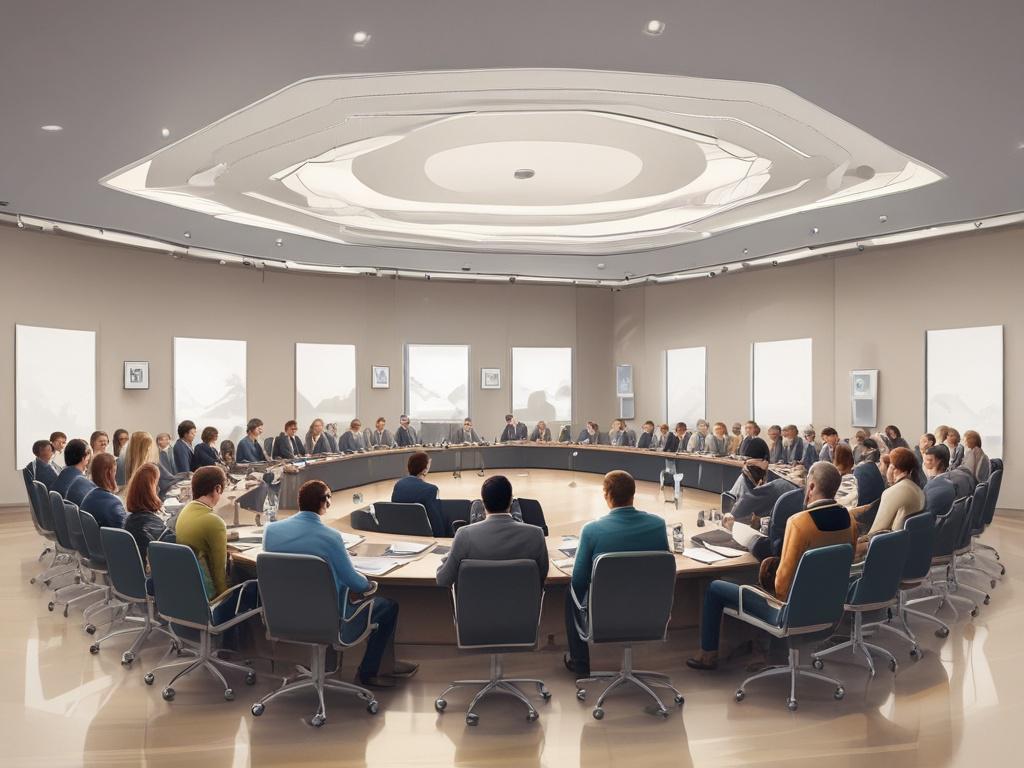 A professional conference setting with industry experts speaking to an engaged audience, showcasing a dynamic exchange of ideas and knowledge.