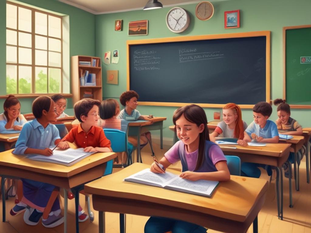 A friendly classroom setting with students happily engaging in learning activities, showcasing vibrant educational materials and resources.