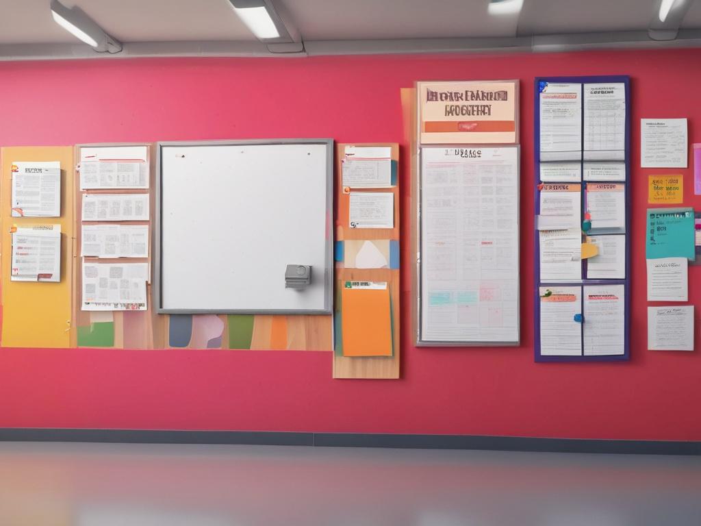 a clean and modern notice board displaying colorful notices and announcements in a well-lit school environment, minimalistic design, focus on essential elements, vibrant colors, life-like details