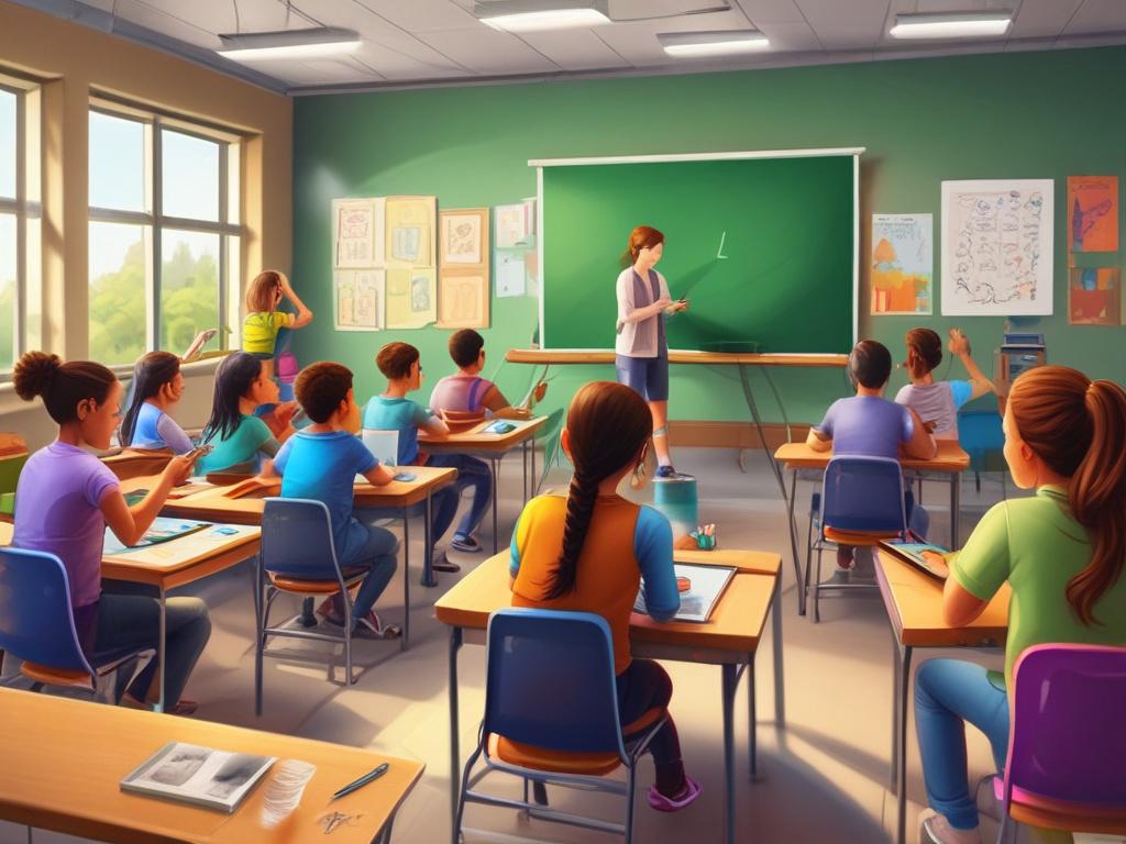 A vibrant classroom filled with students engaged in creative learning activities, colorful art supplies, technology integration, and a teacher guiding them, bright and inspiring environment.