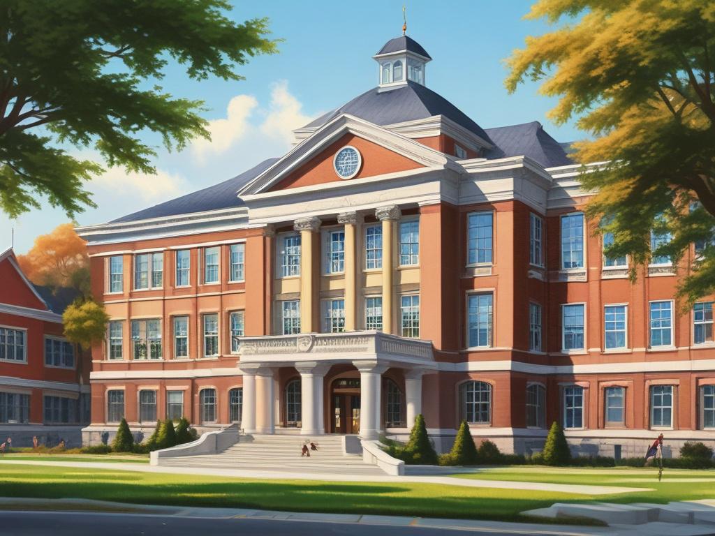 A prestigious school building with a banner showcasing national recognition, students proudly engaging in academic activities, showcasing success and achievement.