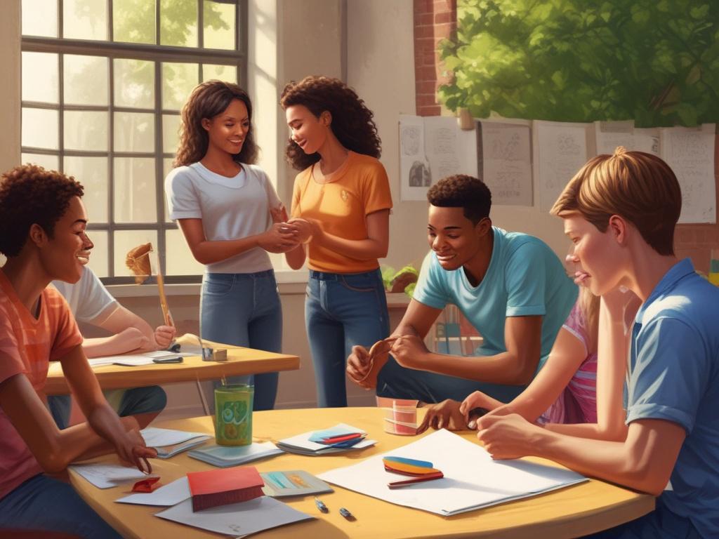 Students participating in various extracurricular activities like sports, arts, and community service, showcasing teamwork and personal growth, vibrant community atmosphere.