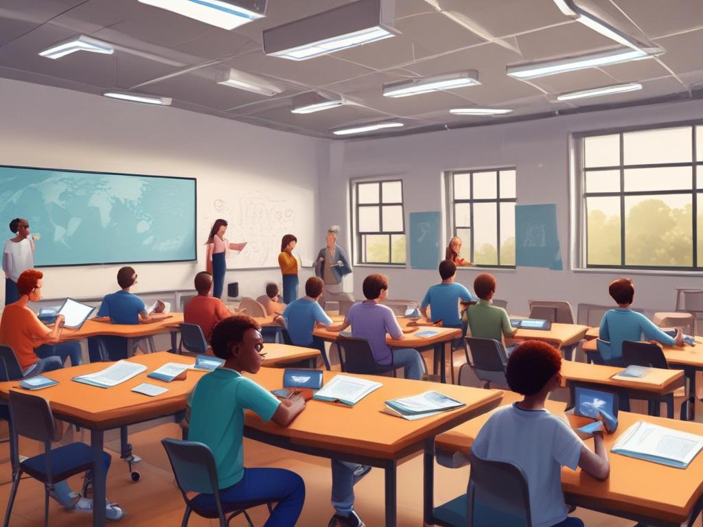 A realistic illustration of a classroom with students interacting with smart boards and digital tools, showcasing technology in education.